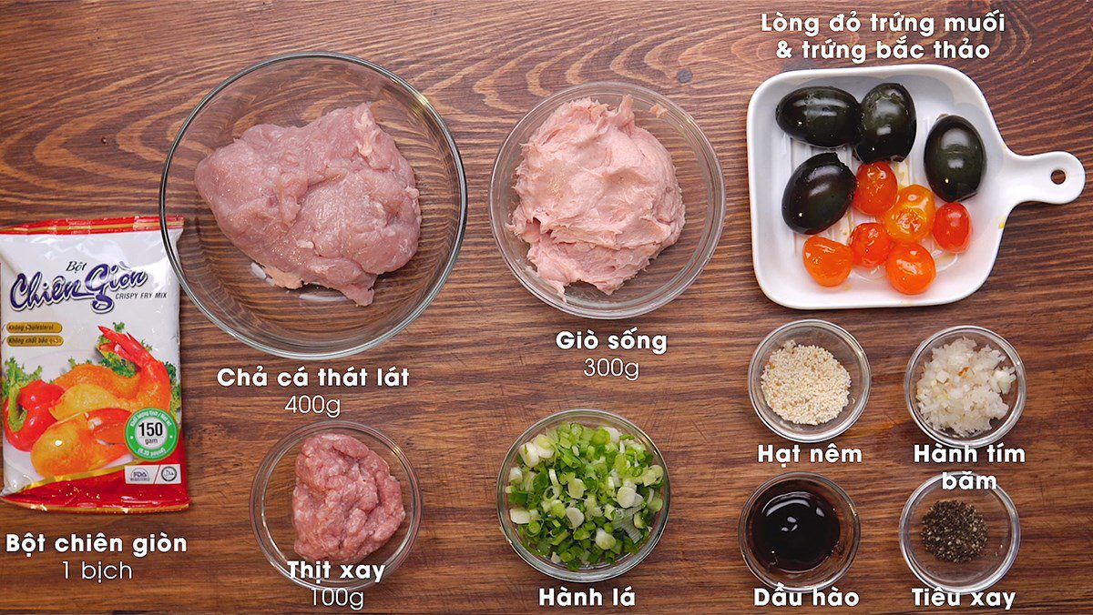 Ingredients for the dish of fish cake wrapped in salted egg and fish cake wrapped in preserved egg