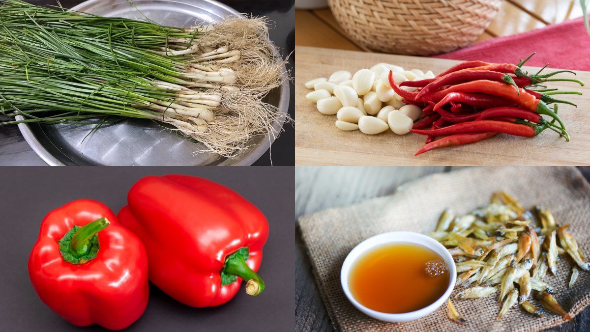 Ingredients for pickled scallions wrapped in leaves