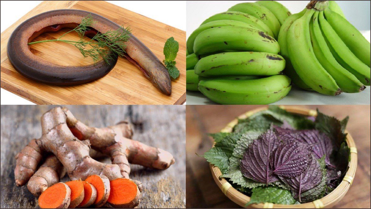 Ingredients for the dish of eel cooked with green bananas