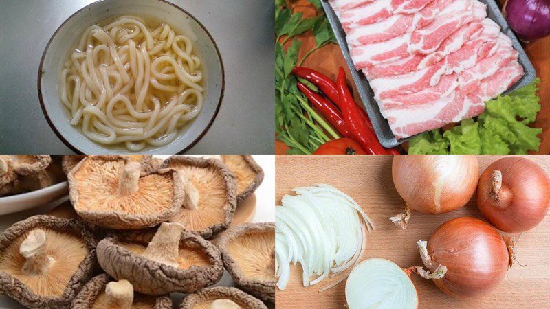 Ingredients for stir-fried udon noodles with mushrooms and meat