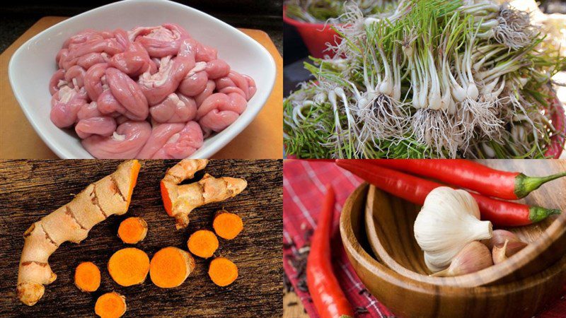 Ingredients for the dish stir-fried pickled shallots with pork intestines