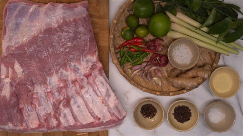 Ingredients for roasted pork with mac mat leaves