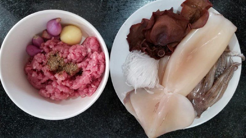 Ingredients for fried stuffed squid with fish sauce