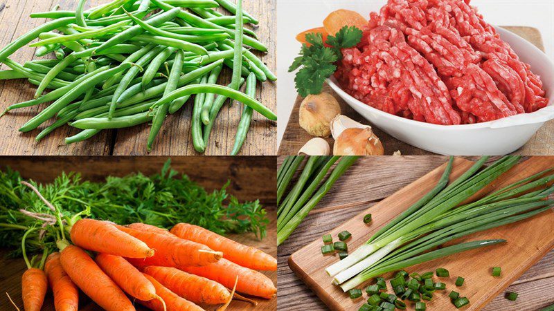 Ingredients for the dish of stir-fried green beans with pork, stir-fried green beans with carrots, stir-fried green beans with oyster mushrooms