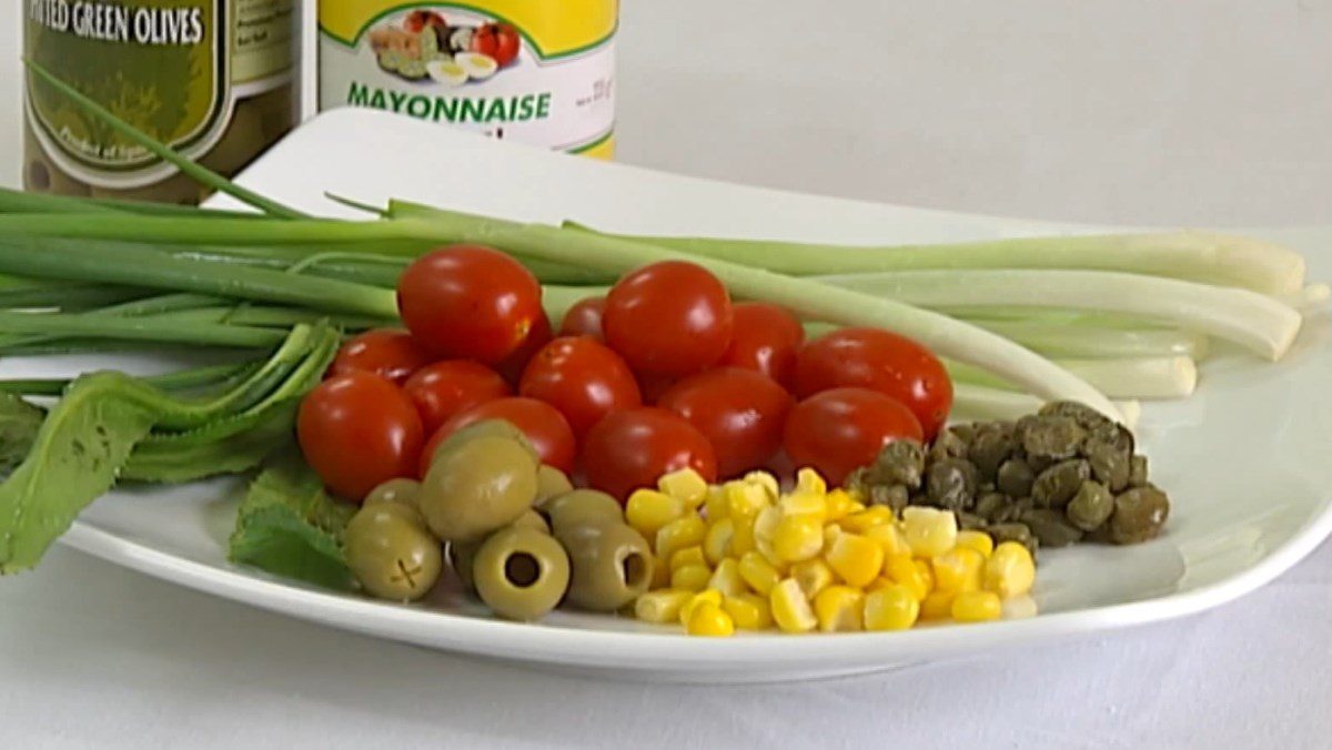 Ingredients for the dish tulip flower salad with canned tuna and tulip flower salad with corn and olives