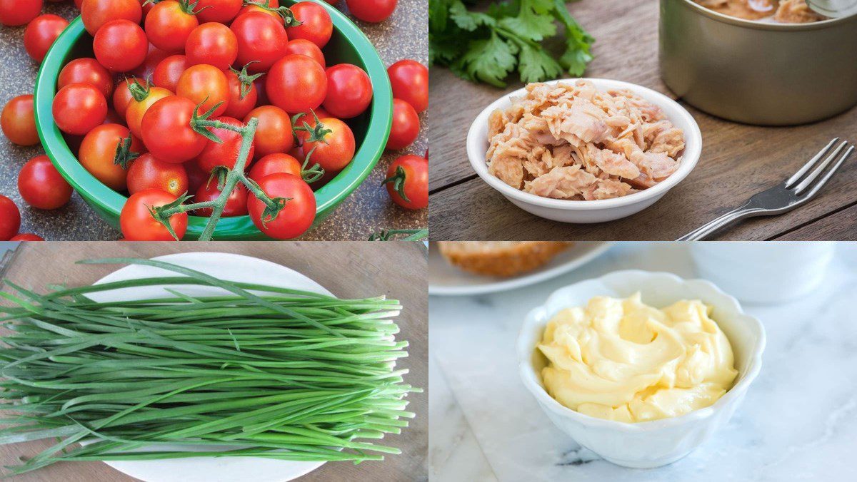 Ingredients for tulip flower salad with canned tuna and tulip flower salad with corn and olives