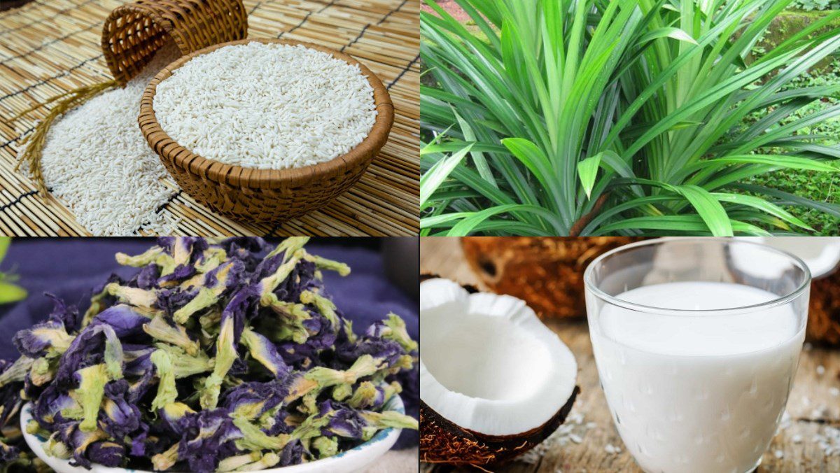 Ingredients for the dish 2 ways to cook butterfly pea flower sticky rice with a rice cooker