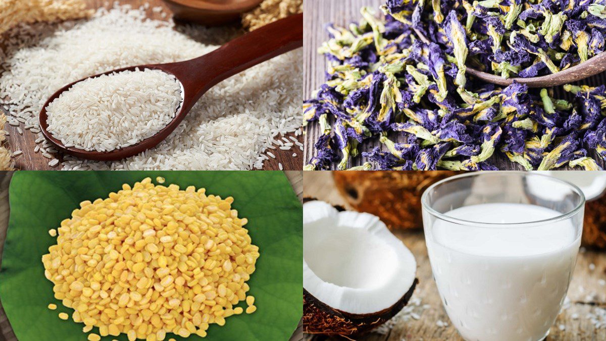 Ingredients for the dish sticky rice with butterfly pea flower and heart-shaped green beans